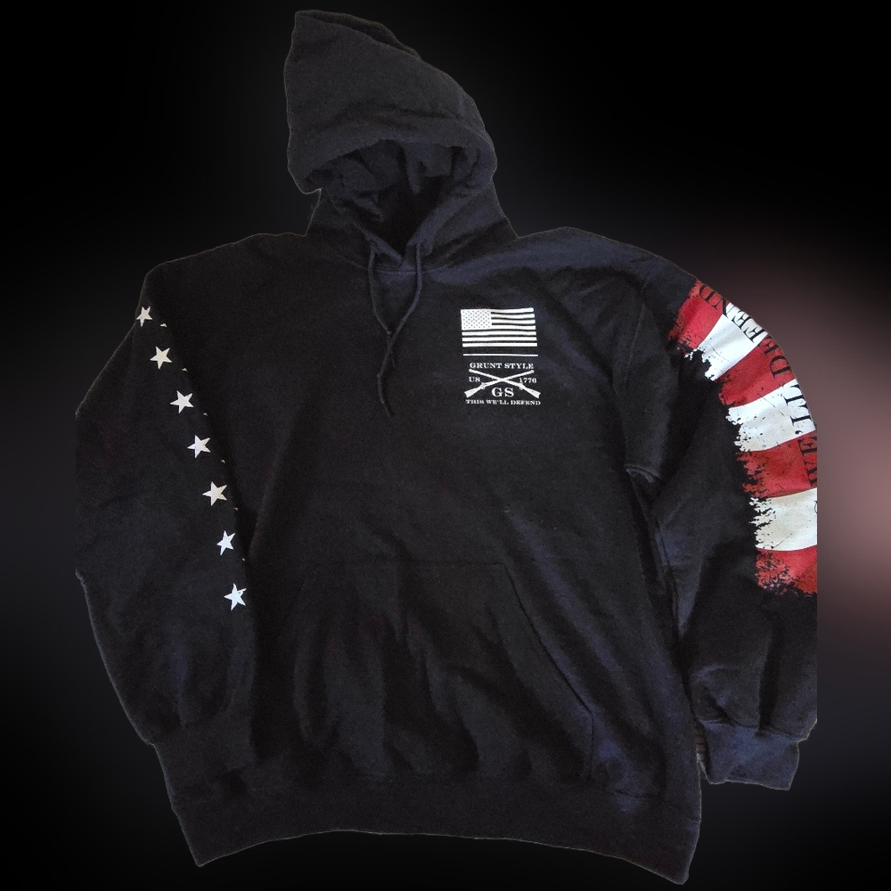 Grunt Style Deep Navy Blue Hoodie with American Flag Sleeve